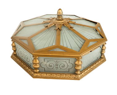 Art Deco Gilt Metal and Glass Light Fixture: Art deco matte gilt metal and frosted glass octagonal light fixture, 20th/21st Century, accented with acanthus leaves, acorn finial and etched glass panels, hinged access to socket area. [6" H x 14" D