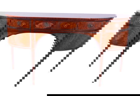 Schmeig & Kotzian Regency Mahogany Sideboard: Regency mahogany, crotch mahogany, burlwood, and satinwood sideboard, mid 20th century, the central drawer fitted for flatware, flanked by half demilune cabinet doors, label to interior drawer and