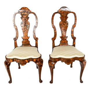 Pair Of Continental Marquetry Side Chairs: Pair of marquetry-decorated side chairs with Queen Anne-style legs, mid-19th century. [43.5" H x 22" W x 18" D; 18.5" H to seat].
