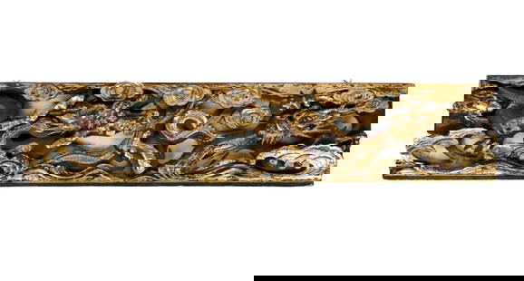 Chinese Gilt Carved Relief Panel: Ornate Chinese gilt relief panel with dragon motif, late 19th century. [3.5" H x 50" W x 11" D]. In overall good condition.