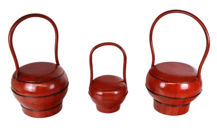Four Chinese Red Lacquer Wedding Baskets
