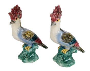 Pair of Majolica Polychrome Cockatoo Figures