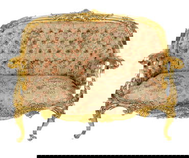 Rococo Baroque Gilded Parlor Settee: Rococo Baroque carved and gilded tufted parlor settee, en suite with the following, early 20th century, the frame elaborately carved with scroll and shelf motif, feathered arms and cabriole legs. [42"