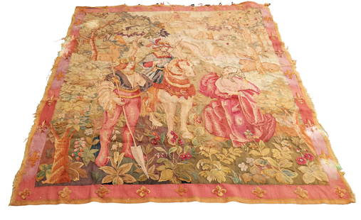 French Classical Figural Tapestry: Classical French figural tapestry. [75" H x 65" W]. Faded areas; tears along border.