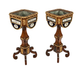 Pair Of French Porcelain & Wood Jardinieres