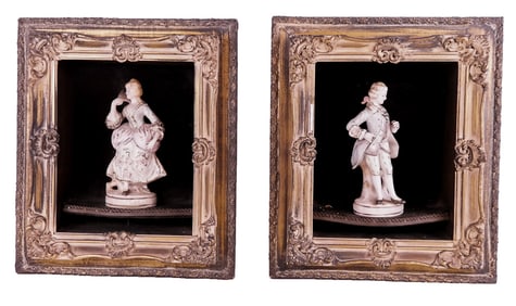 Pair of Framed Porcelain Figures of Lovers