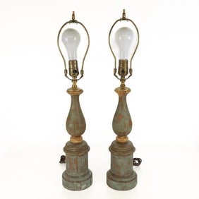 Pair Painted and Faux Antique Finished Wood Lamps