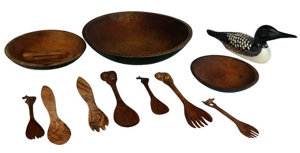 Collection of Wood Bowls, Utensils and Loon, 12