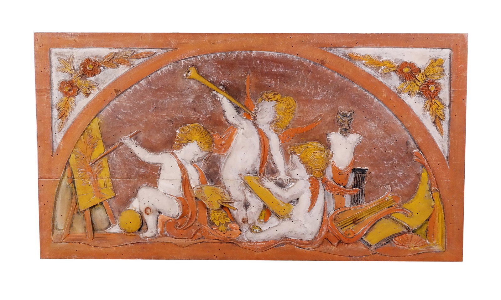 Carved And Painted Overdoor Panel: Overdoor panel with carved musical putti frieze design. [20" H x 37" W]. From the Collection of Susan and Cliff Freeman