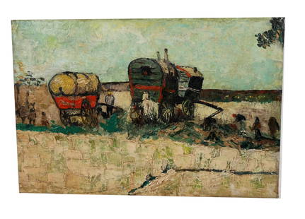 Russian School: Covered Wagons - Oil Painting