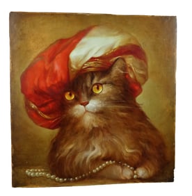 Cat With Hat & Pearls - Oil On Panel Painting