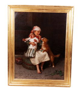 Federico MAZZOTTA: Study Of Girl - Oil Painting: Federico Mazzotta (Italian, 1839-1897) oil on canvas study of a girl with crying baby and dog, signed lower right, dated 1880. [Art: 25" H x 19" W; Frame: 30" H x 24" W]. Re-lined.