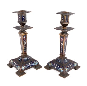 Pair French Champleve Bronze Candlesticks