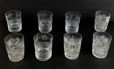 Eight Crystal Etched Decorated Rocks Glasses