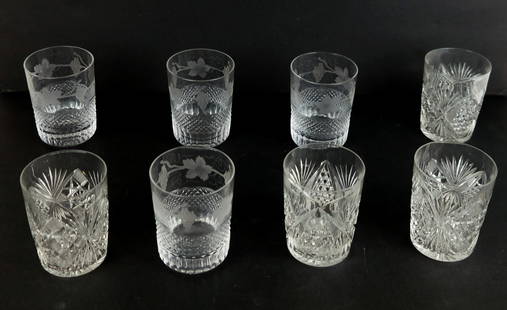 Eight Crystal Etched Decorated Rocks Glasses
