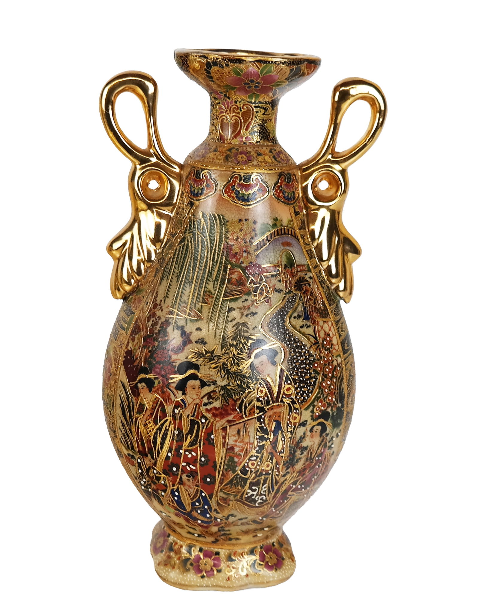 Japanese Satsuma Porcelain Vase: Satsuma vase with figural and landscape design, early 20th century. [12" H x 6.5" Diameter]. In good condition.