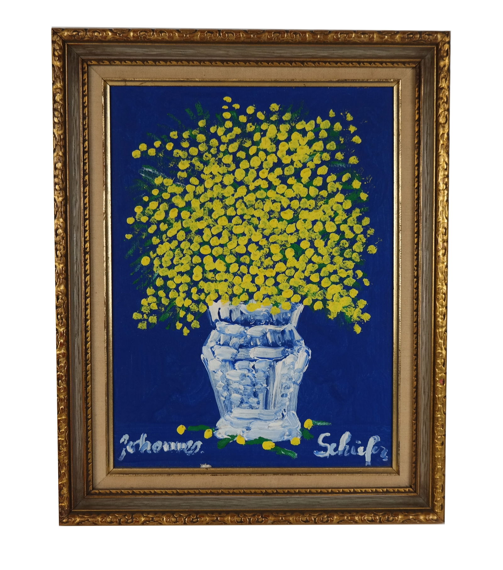 Johannes SCHIEFER: Floral Still Life - Oil Paintin: Johannes Schiefer (Dutch, 1896-1979) oil on board depicting a table still life of yellow flowers in a vase, signed lower left and right. [Art: 11.5" H x 8.5" W; Frame: 14.5" H x 11.5" W].