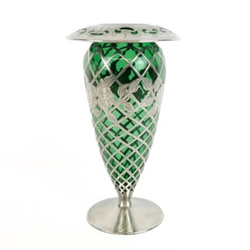 Silver Overlay and Green Glass Vase