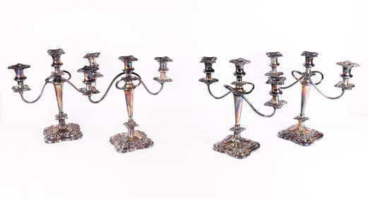 Set of Four Silver Plate Three Light Candelabra