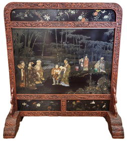 Antique Chinese Carved Lacquered Floor Screen