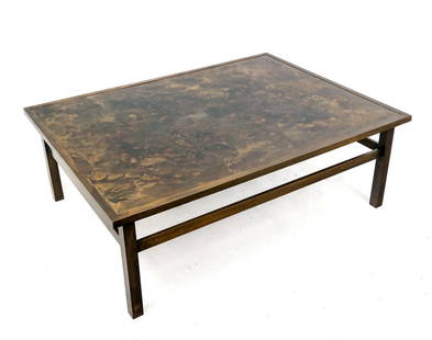 Mid-Century Philip & Kelvin LaVerne Bronze Coffee: Mid-Century Phillip & Kelvin LaVerne Patinated Bronze Acid Etched Coffee Table, "Muses". With etched signature to corner. [16.75" H x 48" W x 36" D]. Overall good condition with light wear. Some minor