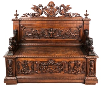 Victorian Ornately Carved Walnut Hall Bench