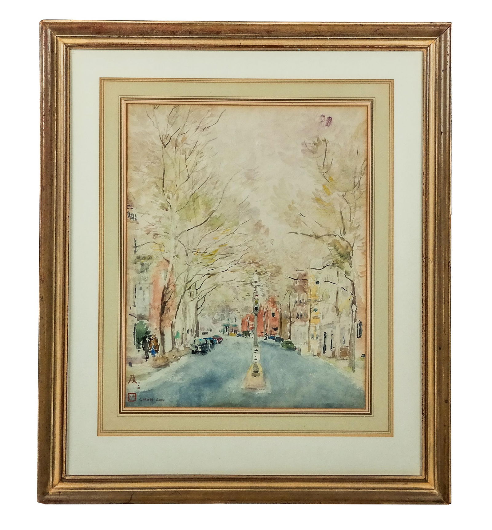 Chen CHI Watercolor of an Urban Scene: Chen Chi (Chinese/American, 1912-2005) watercolor of an urban scene in a frame, Mid-twentieth century, depicting a tree-lined street, with the artist's seal and signature Chen Chi to lower left, marke