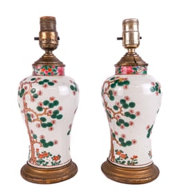 Chinese Pair Famille Vert Vases Mounted as Lamps