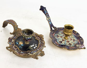 Two French Champleve Chambersticks