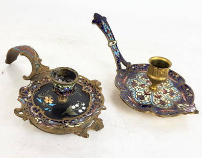 Two French Champleve Chambersticks