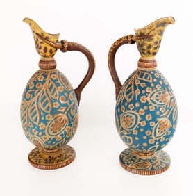 Pair Painted Opaline Glass Ewers