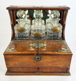 Oak and Brass Mounted Tantalus Set