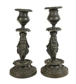 Pair French Bronze Figural Candlesticks