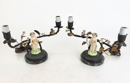 Pair Porcelain and Marble Two Light Candelabras