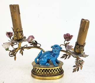 Foo Dog Decorated Two-Light Candelabra