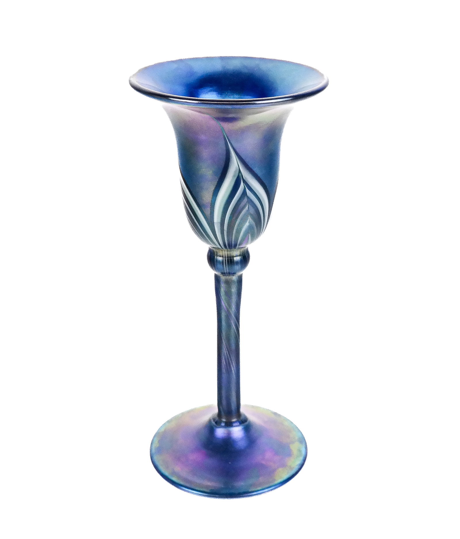 Signed Favrile Glass Chalice: Signed cobalt blue Favrile glass chalice with iridescent and swirl design, signed "L. C. Tiffany - Favrile" to base. [9" H x 3.75" Diameter]. Condition is good. From the estate of Ronald Blatt, owner
