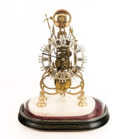 Three-Gabled Building Form Skeleton Clock in Case