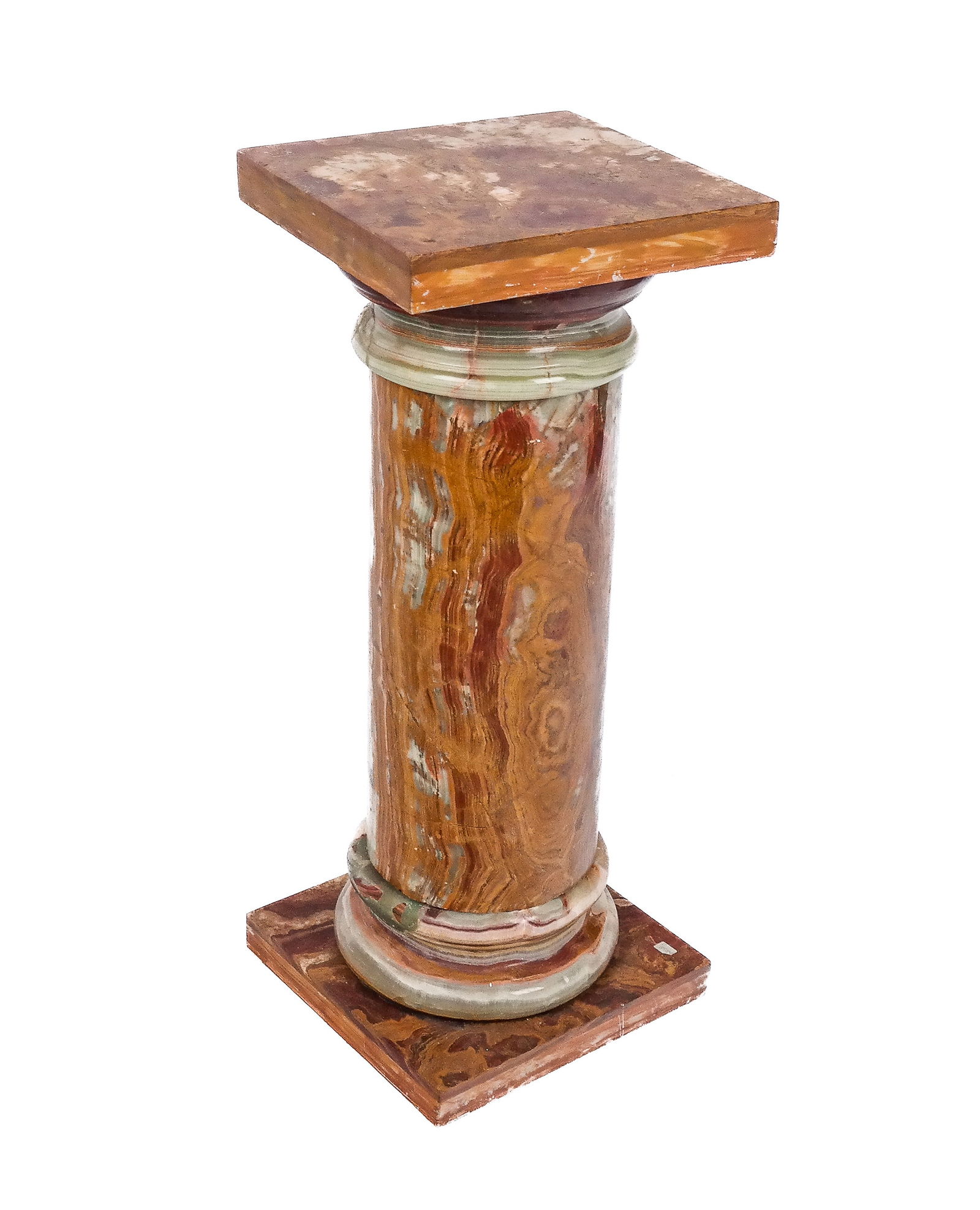 Onyx Pedestal: Green and red onyx pedestal, 20th/21st century, in the form of a doric column with square top and base. [29.5" H x 11.75" Square]. Condition is good with repairs; scratches to top.
