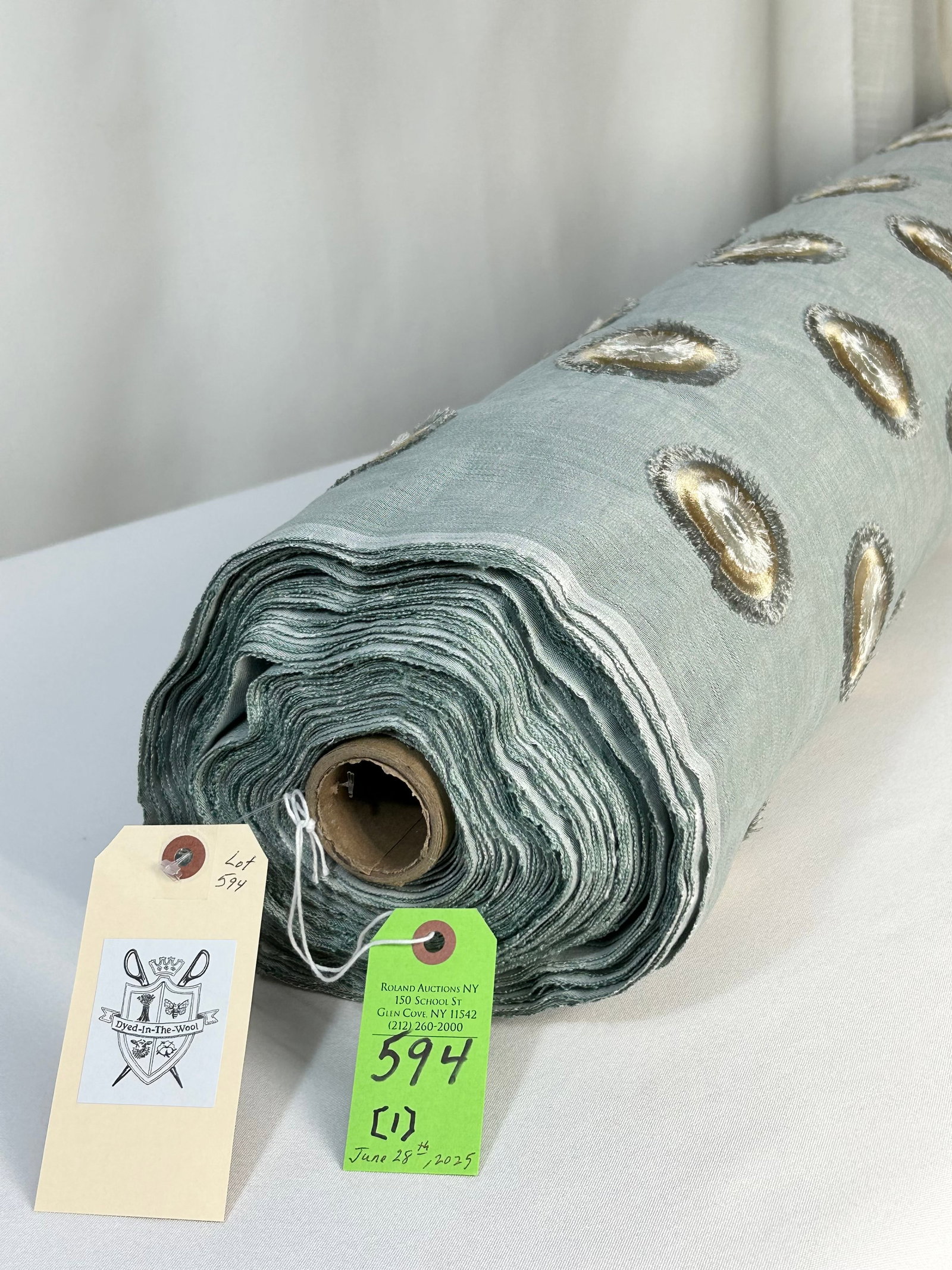 Lee Jofa/Kravet Embroidered Cotton Blended Fabric: 33 1/2 yards of Lee Jofa's "Equinox" embroidery in colorway Aqua/Bronze, # ED 85215.3.0, 51" width. The ivory, tan, gray and silver on aqua ground has a composition of 13% cotton, 9% polyester, 70% vi