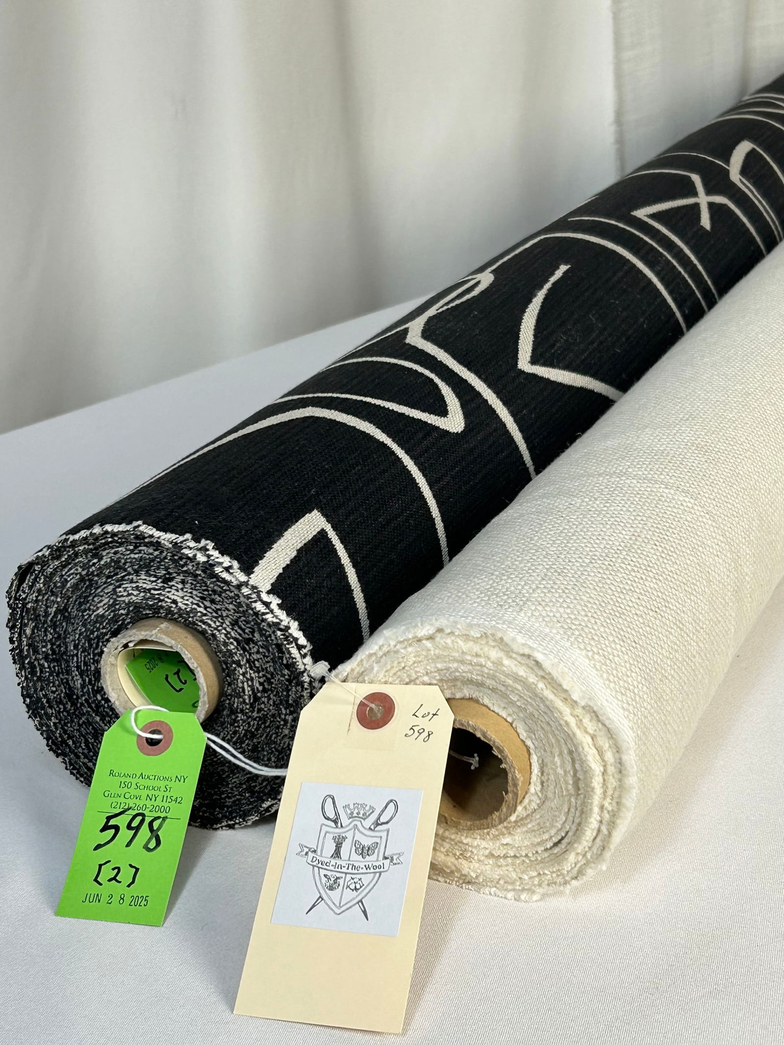 Beige Belgium Linen And Modern Jacquard Fabric: 1) 6 yards of heavy Belgium beige upholstery linen in a basic tabby weave, 56" wide. In excellent condition. 2) 13 yards of a modern abstract jacquard in beige on black colorway, Item # 35646-81, 56 1