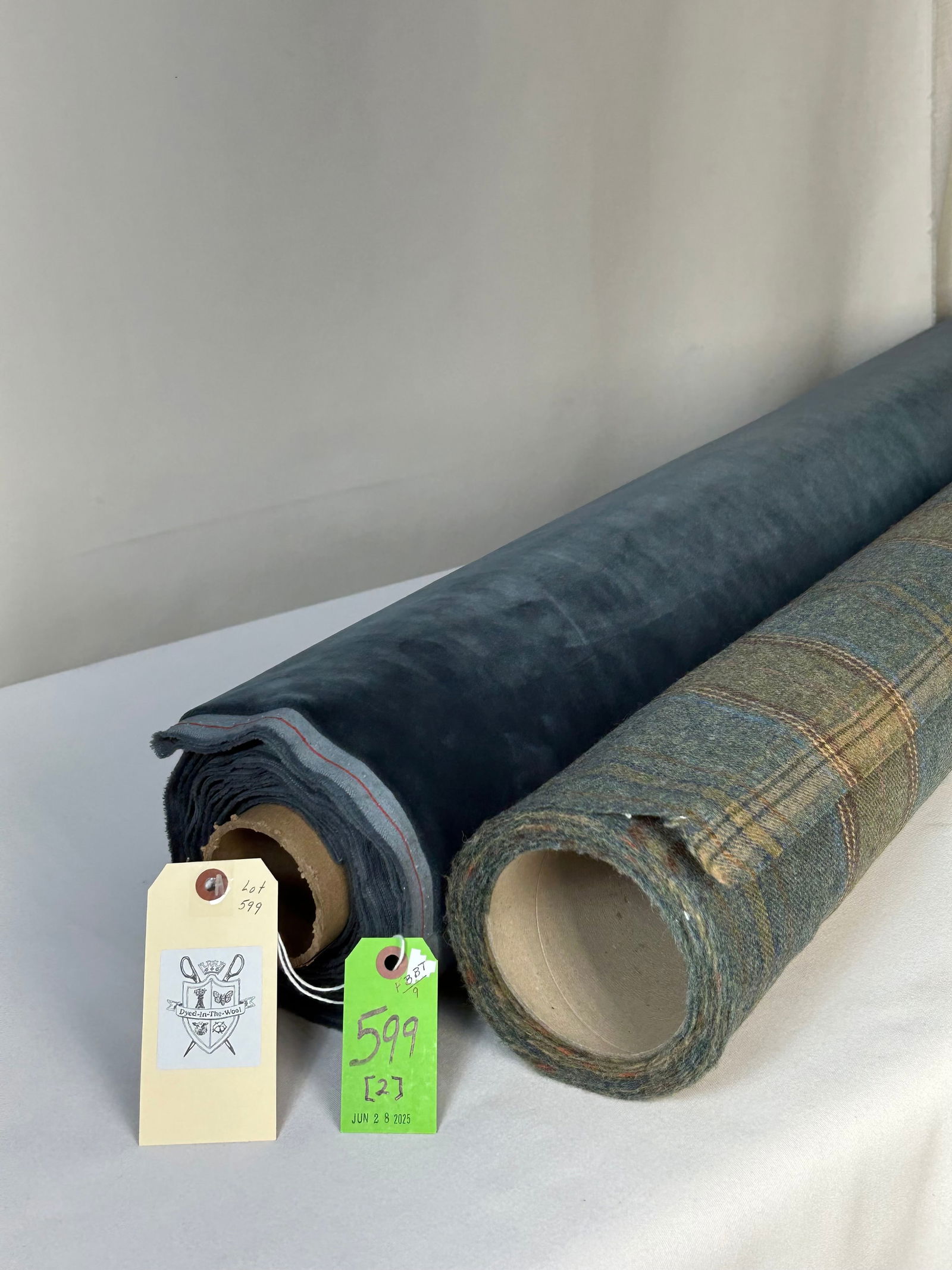 Mulberry's Wool Plaid Italian Cotton Velvet Fabric: 1) 6 1/2 yards of Mulberry's "Shetland" plaid in 100% wool, color "Teal", # FD344-R11, 59" width. Has design repeats of 13 3/4" vertical by 11 1/2" horizontal. Reversible. In excellent condition. 2) 5