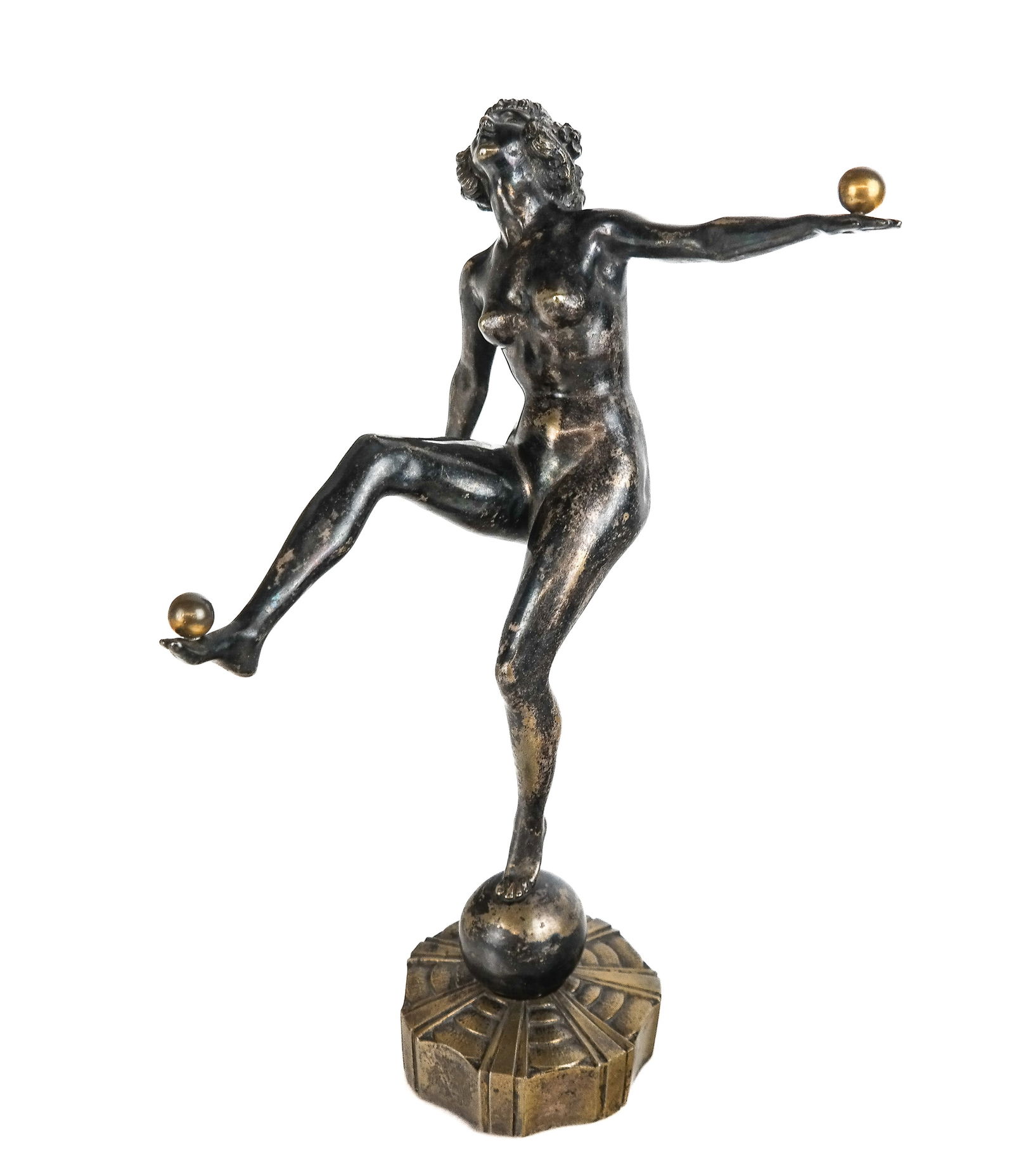Art Deco Bronze Sculpture of a Juggler: Art Deco silvered bronze sculpture of a juggler, possibly by Claire Jeanne Roberte Colinet (French/Belgian, 1880?1950) on a bronze dore base, apparently unsigned. [12.5" H x 8" W x 7" D]. Condition is