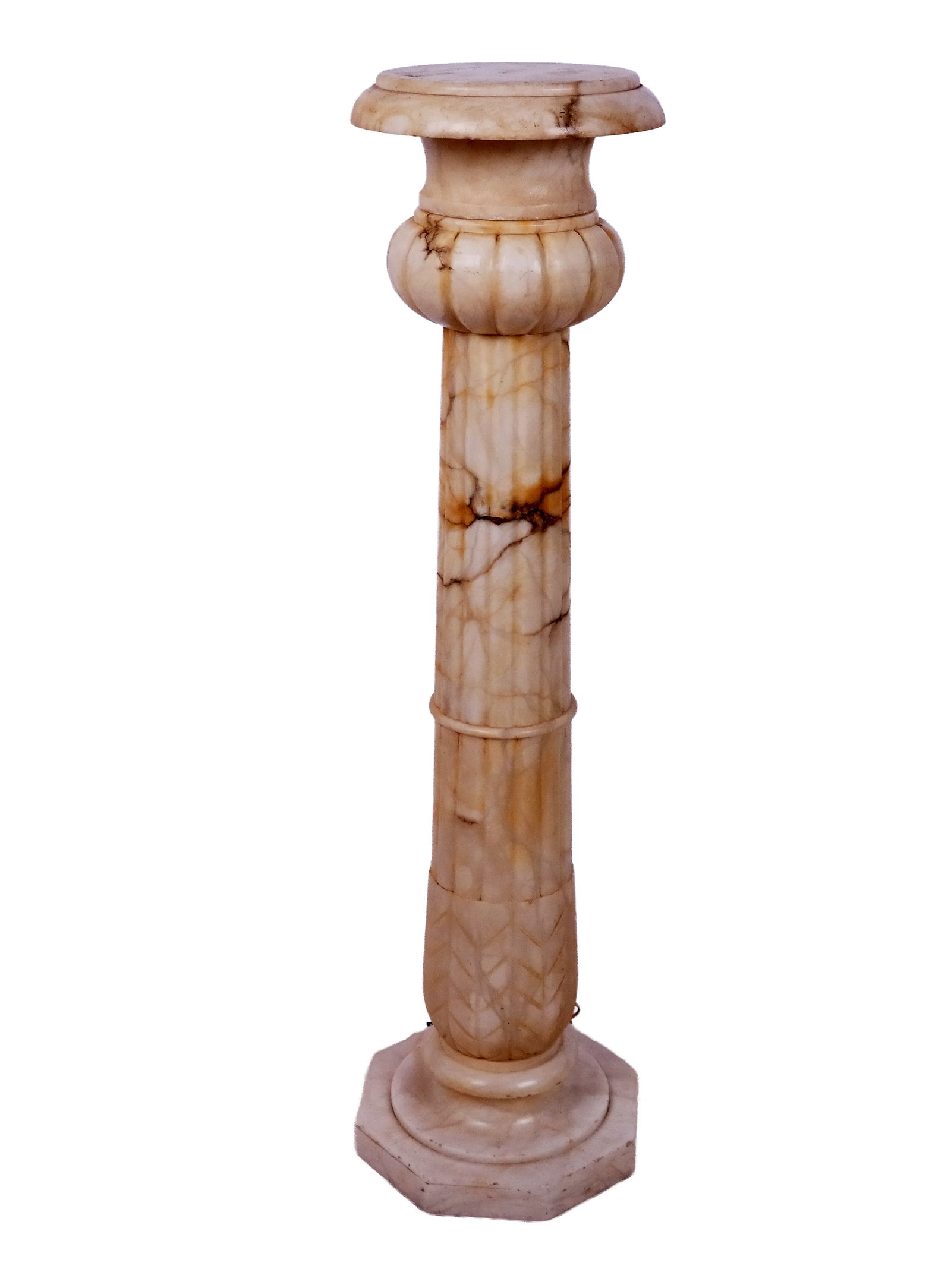 Carved and Electrified Alabaster Pedestal: Carved and electrified alabaster pedestal, 20th century, with a round top over a fluted shaft and octagonal base. [40.5" H x 12" Diameter]. Condition is good with wear; wiring untested. From the estat