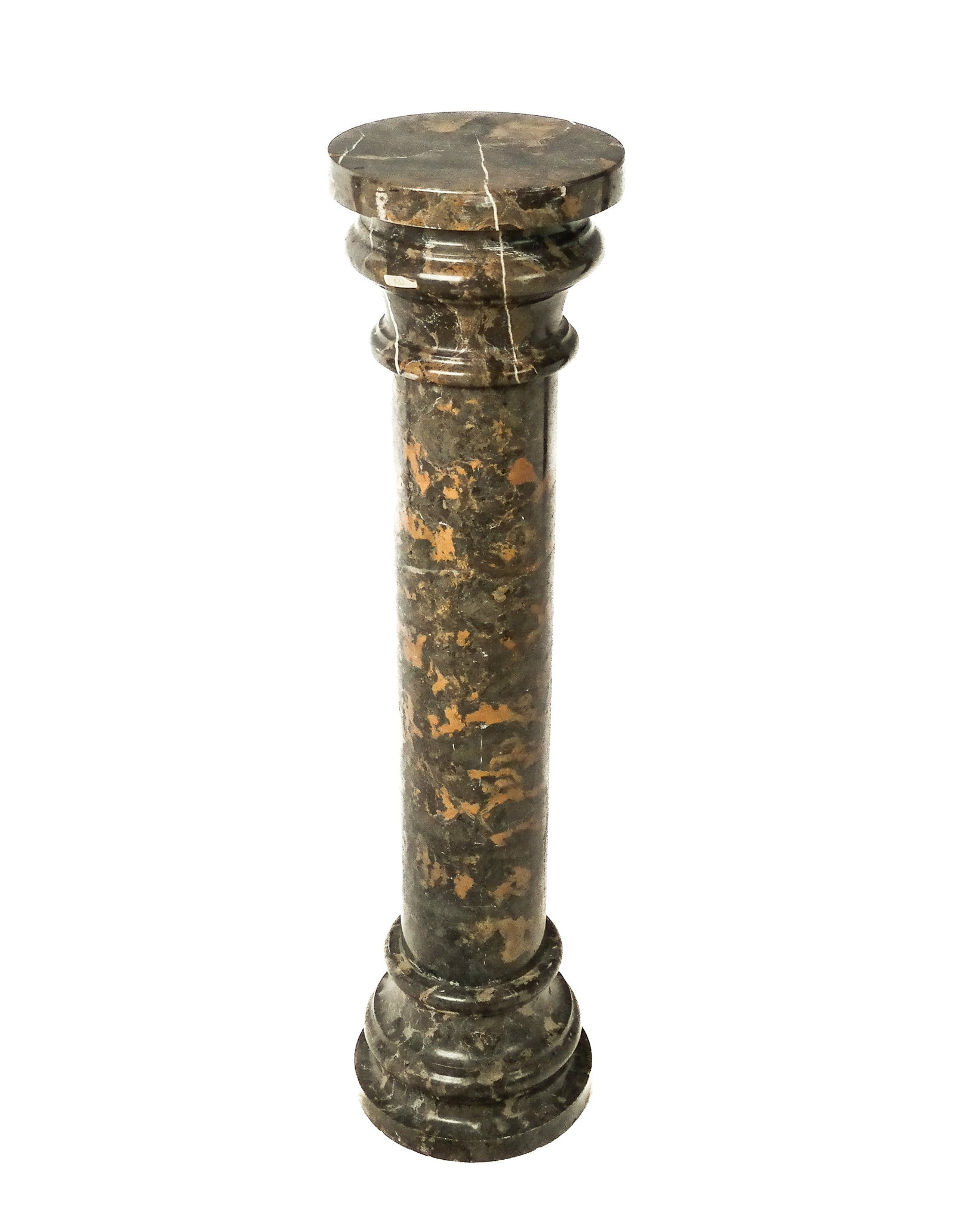 Marble Pedestal: Dark marble pedestal, 20th century, with a round top, and carved capital and base. [39.5" H x 10" Diameter]. Condition is good with scattered minor chips. From the estate of Ronald Blatt, owner of Bla