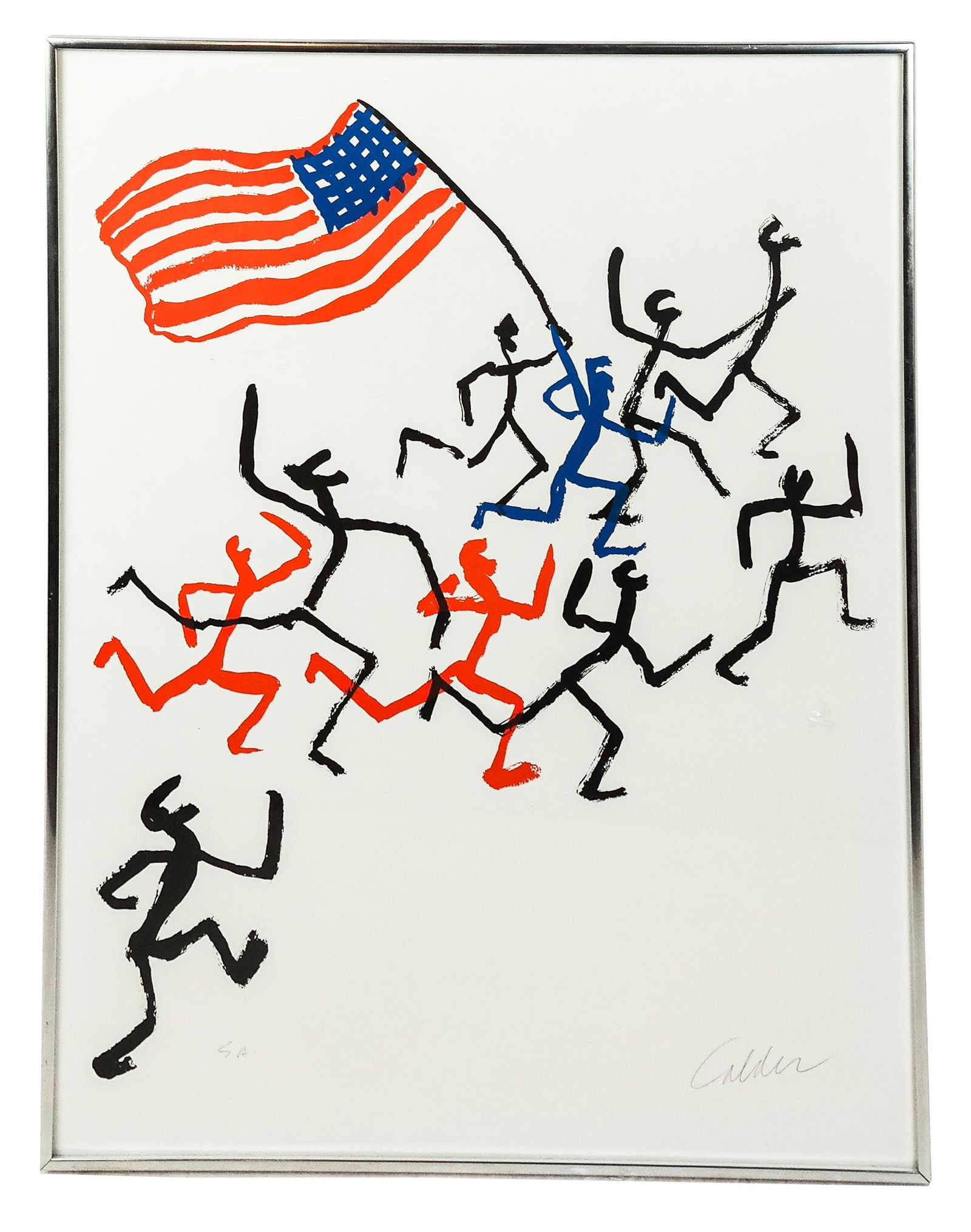 Alexander CALDER: "Madison Square Boys Club": Alexander Calder (American, 1898-1976) lithograph "Madison Square Boys Club", depicting figures running with an American flag, signed lower right, E.A. (from the edition of 100), with Certificate of A