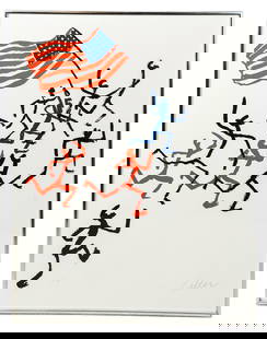 Alexander CALDER: "Madison Square Boys Club": Alexander Calder (American, 1898-1976) lithograph "Madison Square Boys Club", depicting figures running with an American flag, signed lower right, E.A. (from the edition of 100), with Certificate of A