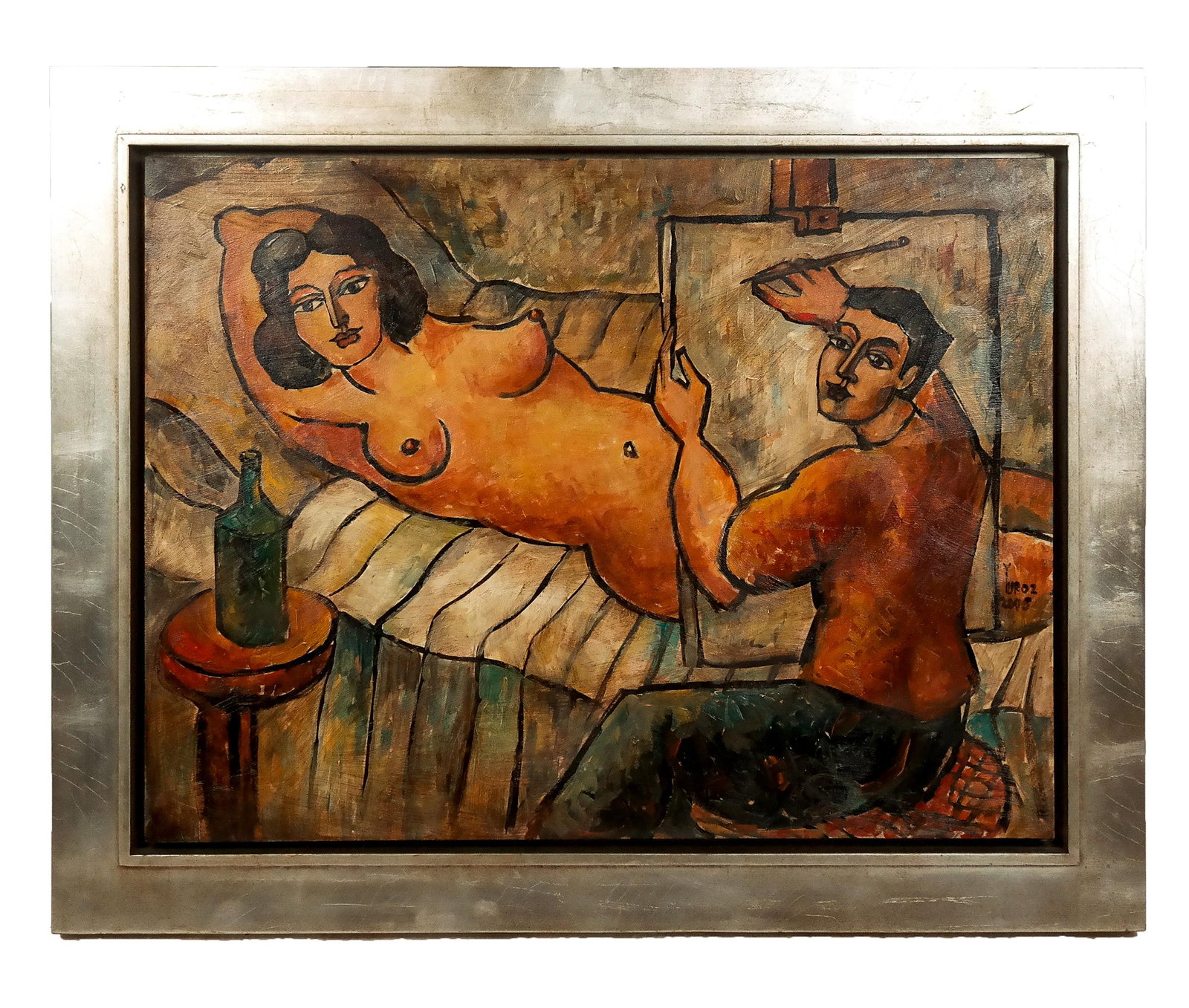 YUROZ: "Homage" - Oil Painting: Yuroz (American, b. 1956) oil and acrylic on canvas work depicting an artist painting a nude female, signed middle right, dated 2005. [Art: 30" H x 40" W; Frame: 38" H x 48" W].From the Estate of Rona