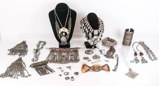Group of Silvered Metal Ethnic Jewelry, 25+