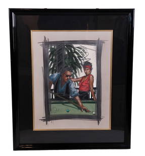 Nico VRIELINK: Playing Pool - Mixed Media: Nico Vrielink (Dutch, b. 1957) work in graphite, oil and pastel on paper, depicting a man and woman playing pool, signed lower left, dated 1991. [Art: 20" H x 15" W; Frame: 29" H x 24" W].