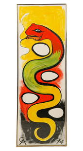 Alexander CALDER: Colorful Snake - Mixed Media: Alexander Calder (American, 1898-1976) gouache and watercolor work on paper depicting a colorful snake in vertical study, the paper mounted in the frame, signed lower left, dated lower right '74; wate